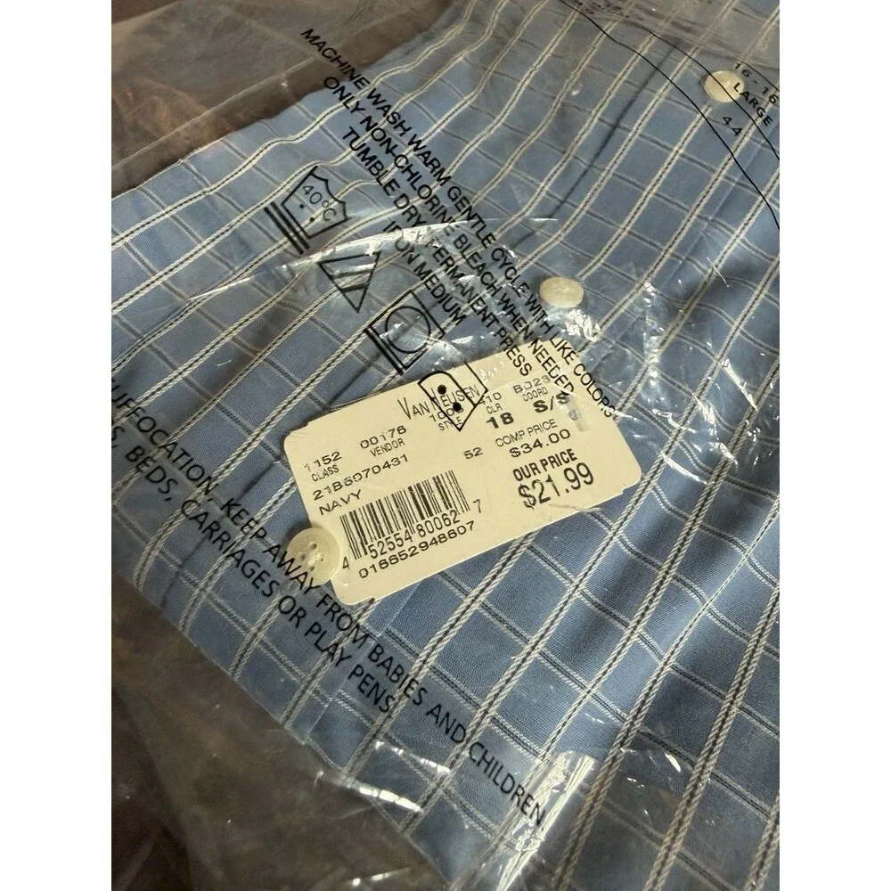 Vintage Van Heusen Mens 18 XXL Short Sleeve Blue Plaid Shirt Deadstock NWT
